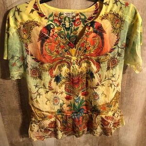 ONE WORLD Yellow Floral & Parrot Print Ruffle Hem Blouse live and let live